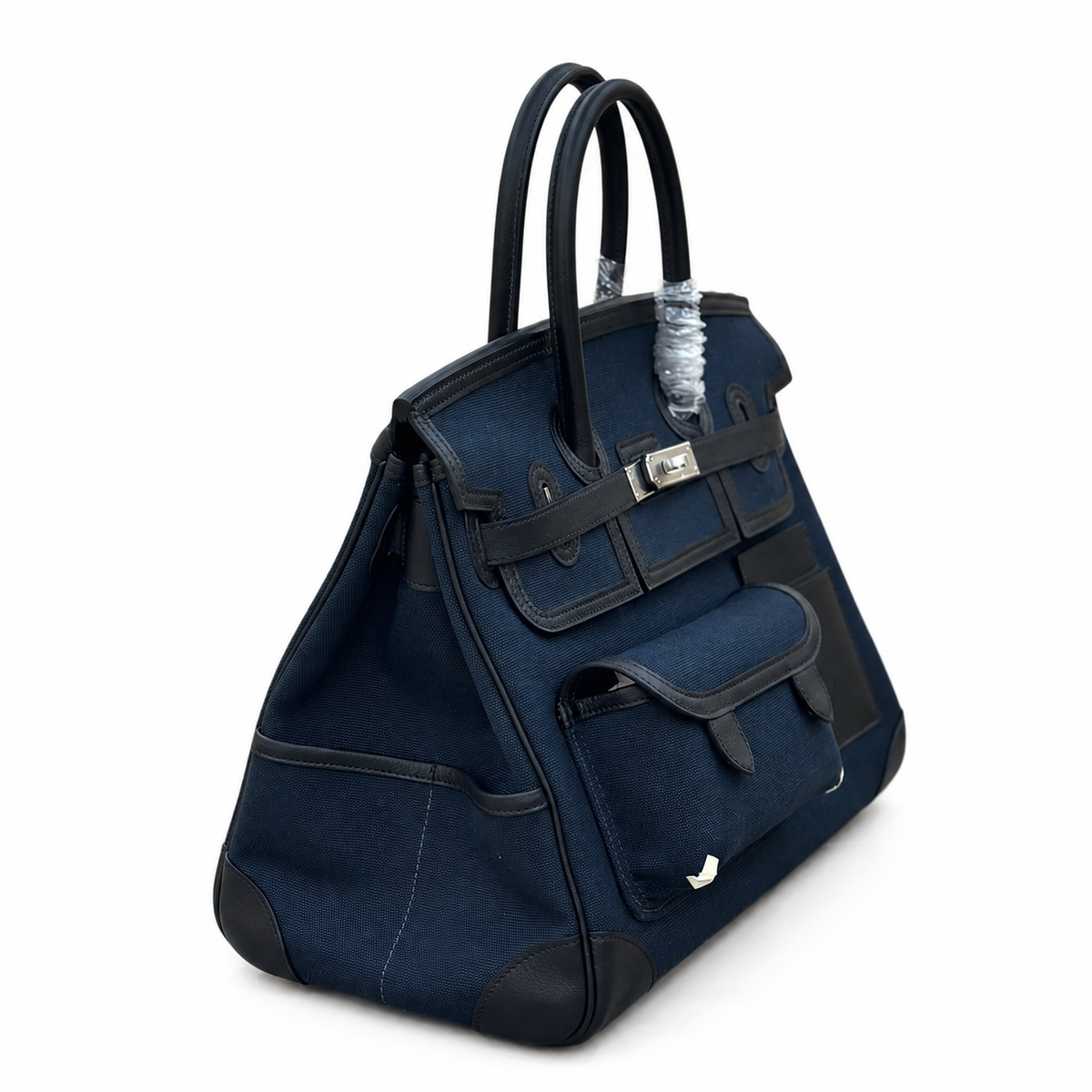 Birkin Cargo 35 in Bleu Nuit Toile Goéland and Noir Swift Leather (Palladium Hardware) — Polished Top-Handle Bag