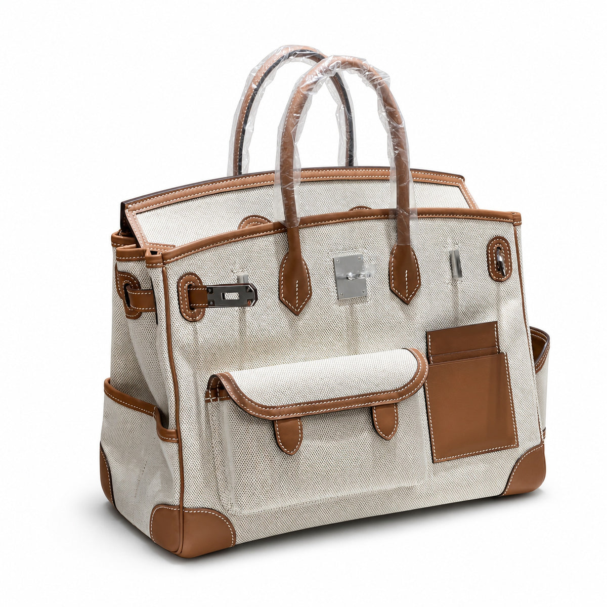 Birkin Cargo 35 Gold Leather and Ecru Canvas Multi-Pocket Bag — Versatile Top-Handle Handbag