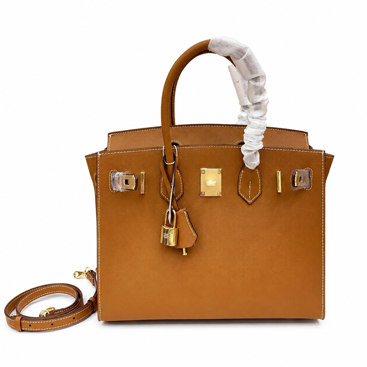 Birkin Style 25/30 Sellier in Gold Epsom Leather with White Stitching (Gold Hardware) — Distinctive Carryall Silhouette