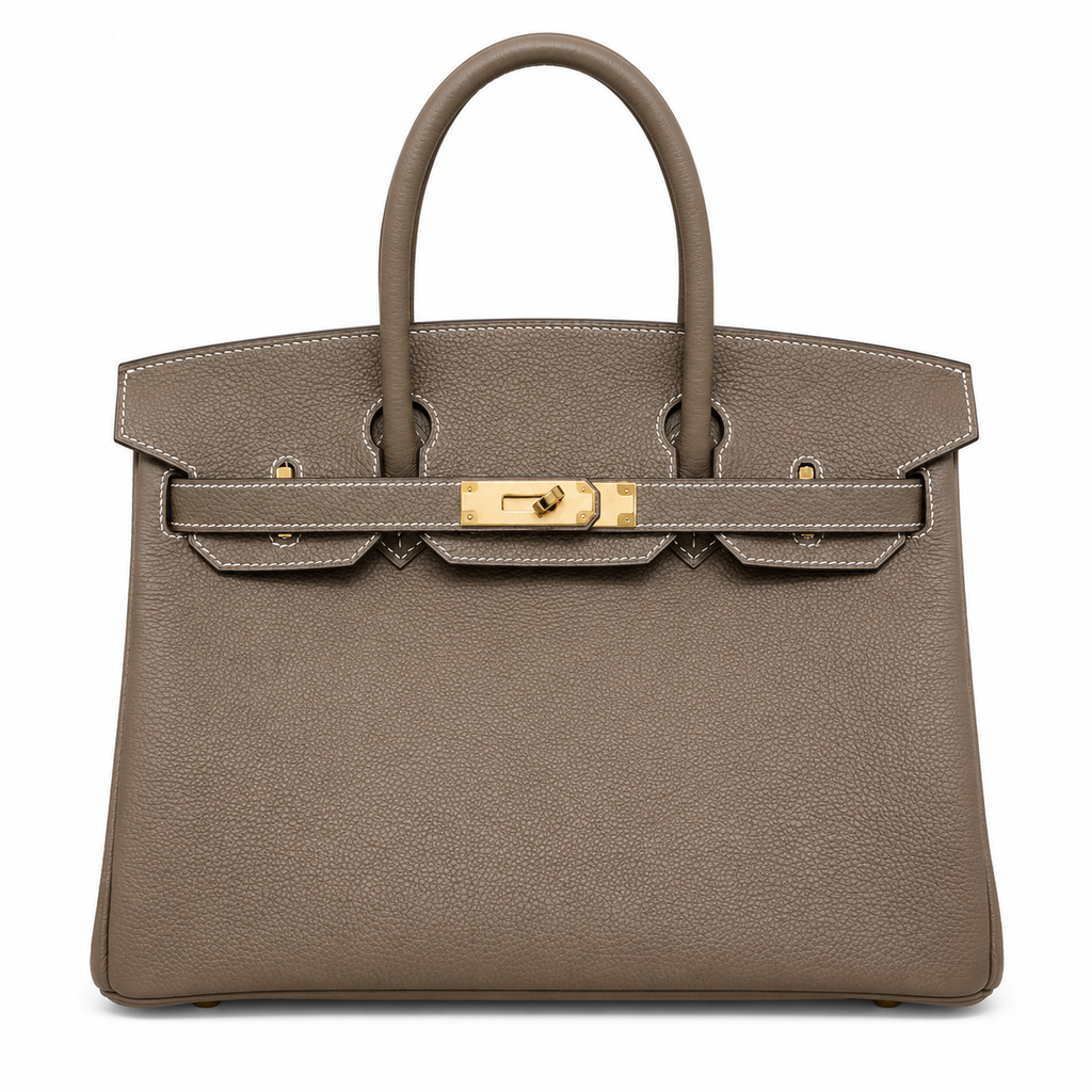 Birkin 30 Retourne in Etoupe Togo Leather with White Stitching (Gold Hardware) — Distinctive Carryall Silhouette