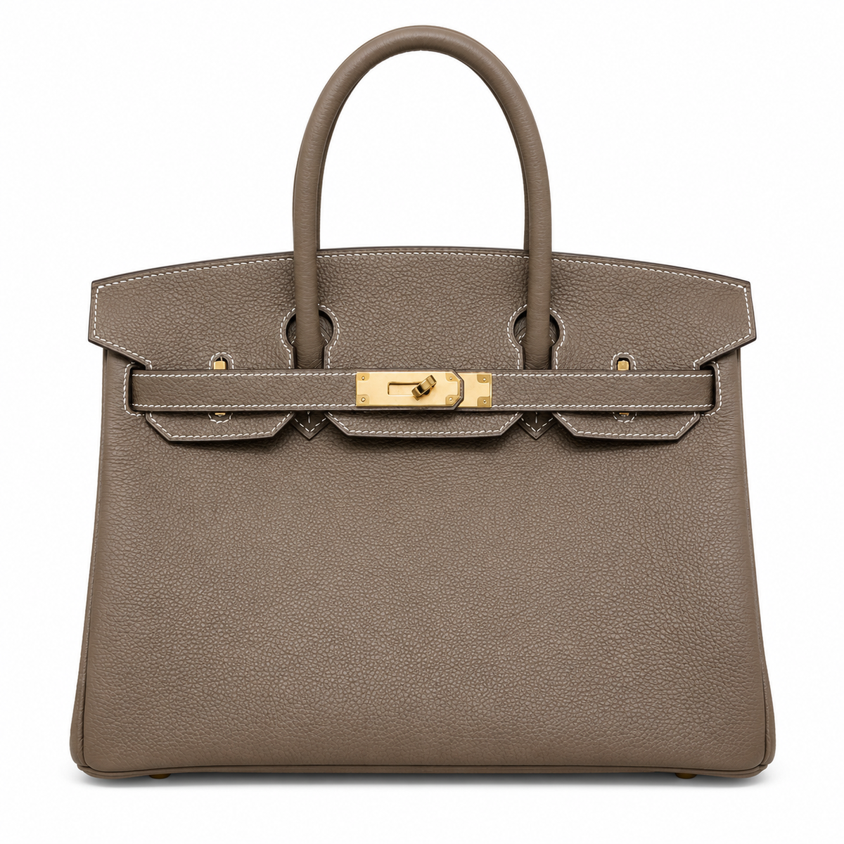 Birkin 30 Retourne in Etoupe Togo Leather with White Stitching (Gold Hardware) — Distinctive Carryall Silhouette