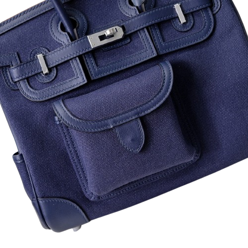 Birkin Cargo 25 Navy Blue Swift Leather and Canvas Splicing Bag — Streamlined Structured Bag