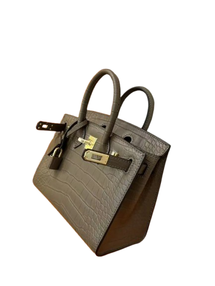 Mini Birkin 20cm Outer Stitching Tote Bag in Taupe Crocodile Pattern — Streamlined Structured Bag