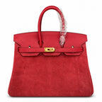 Rare Runaway Birkin 25cm Grizzly Rouge Casaque Suede Luxury Tote — Polished Top-Handle Bag