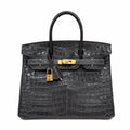 Birkin Style 25/30/35 Retourne in Etoupe Crocodile-Embossed Leather (Gold Hardware) — Polished Top-Handle Bag