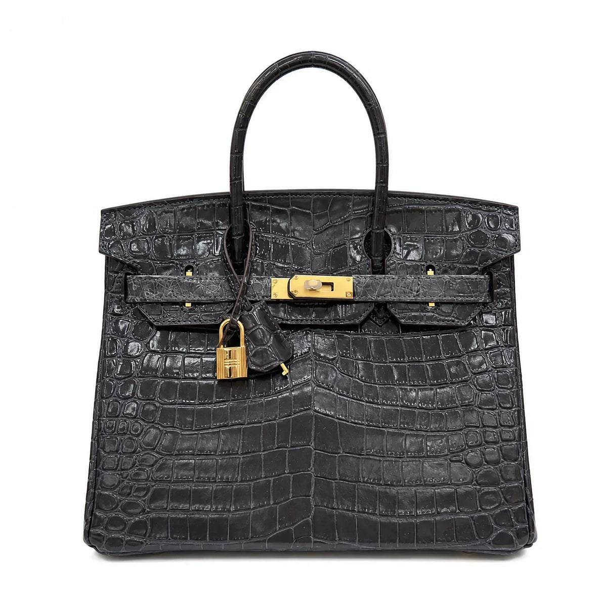 Birkin Style 25/30/35 Retourne in Etoupe Crocodile-Embossed Leather (Gold Hardware) — Polished Top-Handle Bag