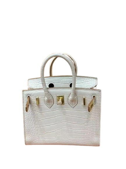 Mini Birkin 20cm Outer Stitching Tote Bag in Pure White Crocodile Pattern — Refined Structured Tote