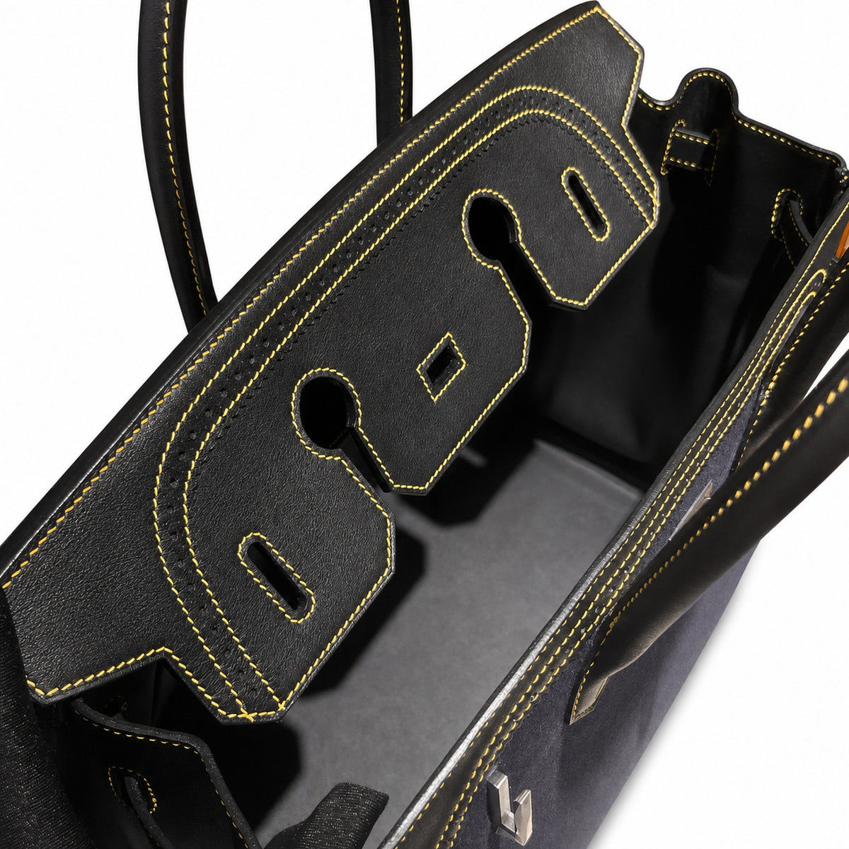 Birkin Ghillies 30 Black Leather and Navy Blue Denim Splicing Bag — Refined Structured Tote