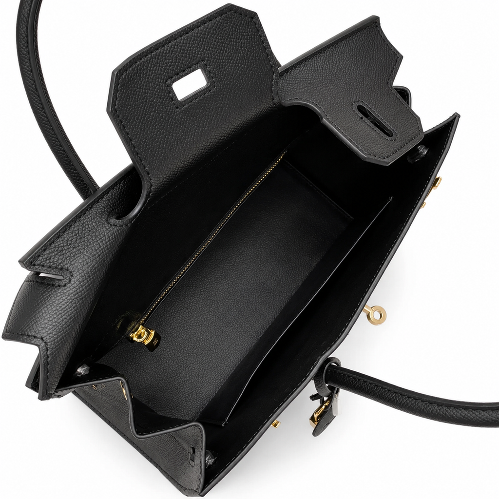 Birkin Style 25/30 Sellier in Noir Epsom Leather (Gold Hardware) — Polished Top-Handle Bag