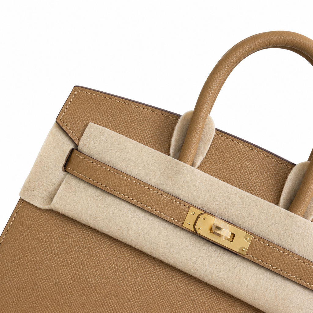 Timeless Structured Handbag: Birkin 25 Sellier 4B Biscuit Epsom Gold Hardware