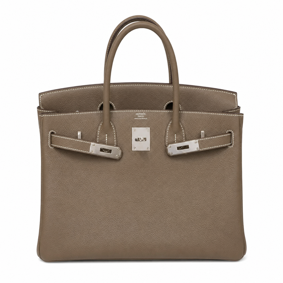 Birkin 30 Retourne in Etoupe Togo Leather with White Stitching (Palladium Hardware) — Classic Hand-Carry Tote