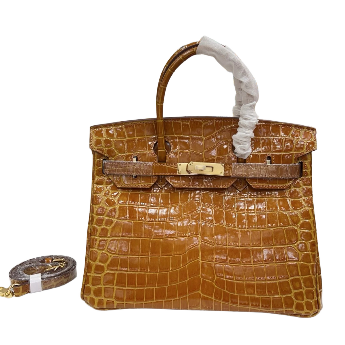 Birkin Style 25/30/35 Retourne in Miel/Gold Crocodile-Embossed Leather (Gold Hardware) — Refined Structured Tote