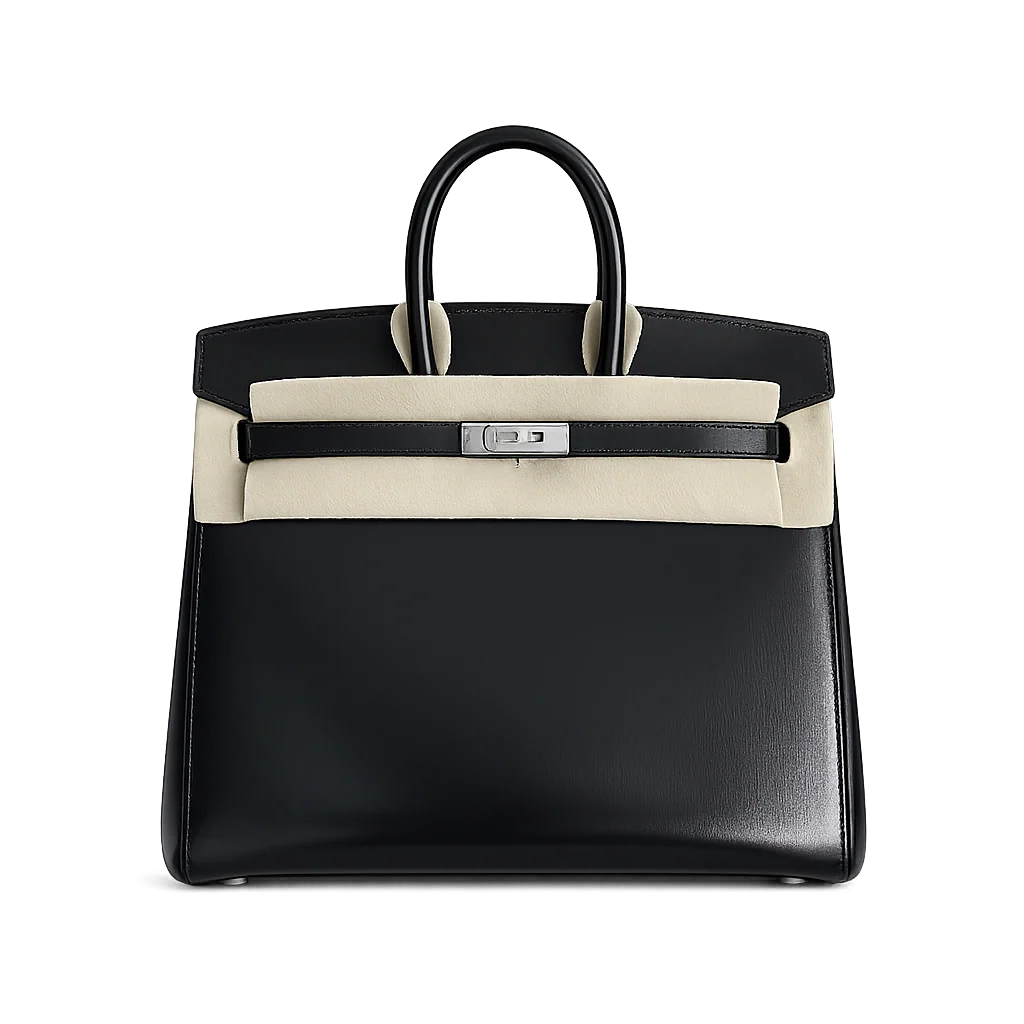 Hermès Birkin 25 Sellier Noir Box Calf Leather Silver Hardware — Polished Top-Handle Bag