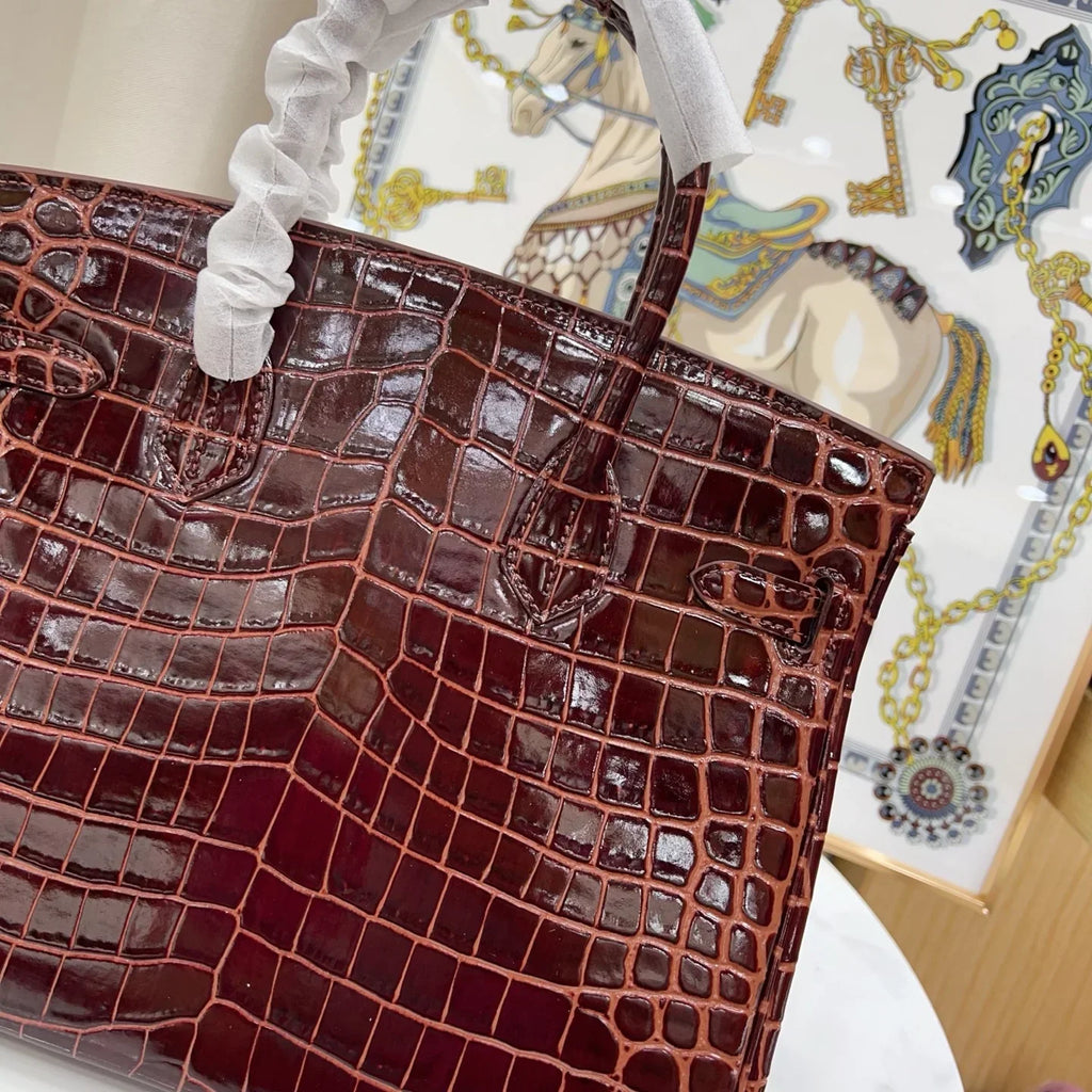 Birkin Bordeaux Shiny Porosus Crocodile Gold Hardware — Timeless Structured Handbag
