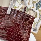 Birkin Bordeaux Shiny Porosus Crocodile Gold Hardware — Timeless Structured Handbag