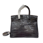 Birkin Style 25/30/35 Retourne in Etoupe Crocodile-Embossed Leather (Gold Hardware) — Polished Top-Handle Bag