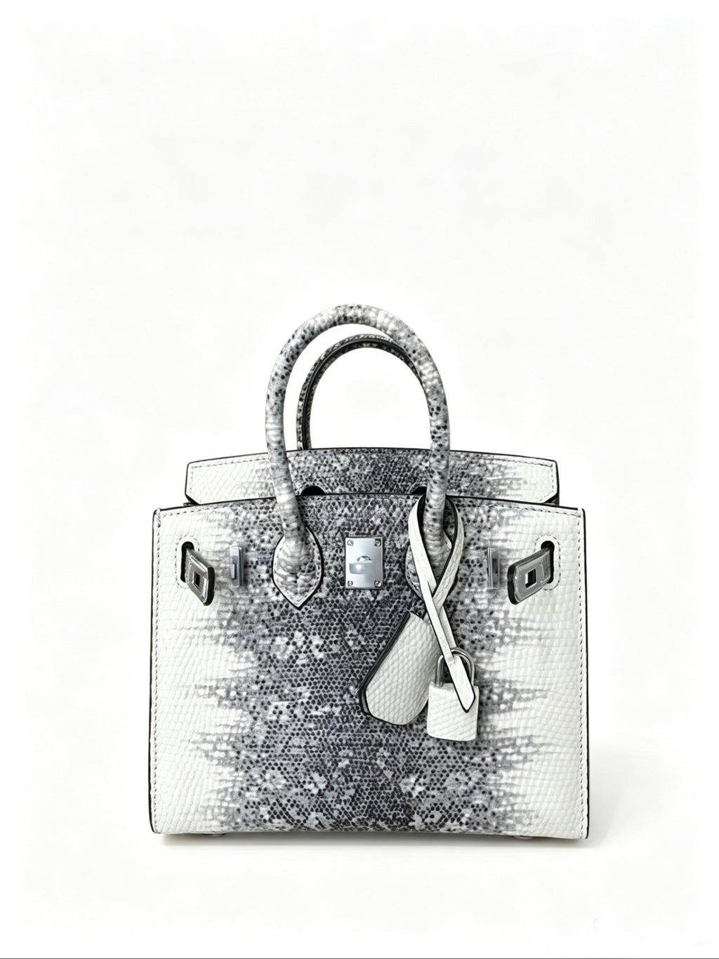 Mini Birkin 20cm Outer Stitching Tote Bag in Two-Tone Snow White Lizard Pattern — Versatile Top-Handle Handbag