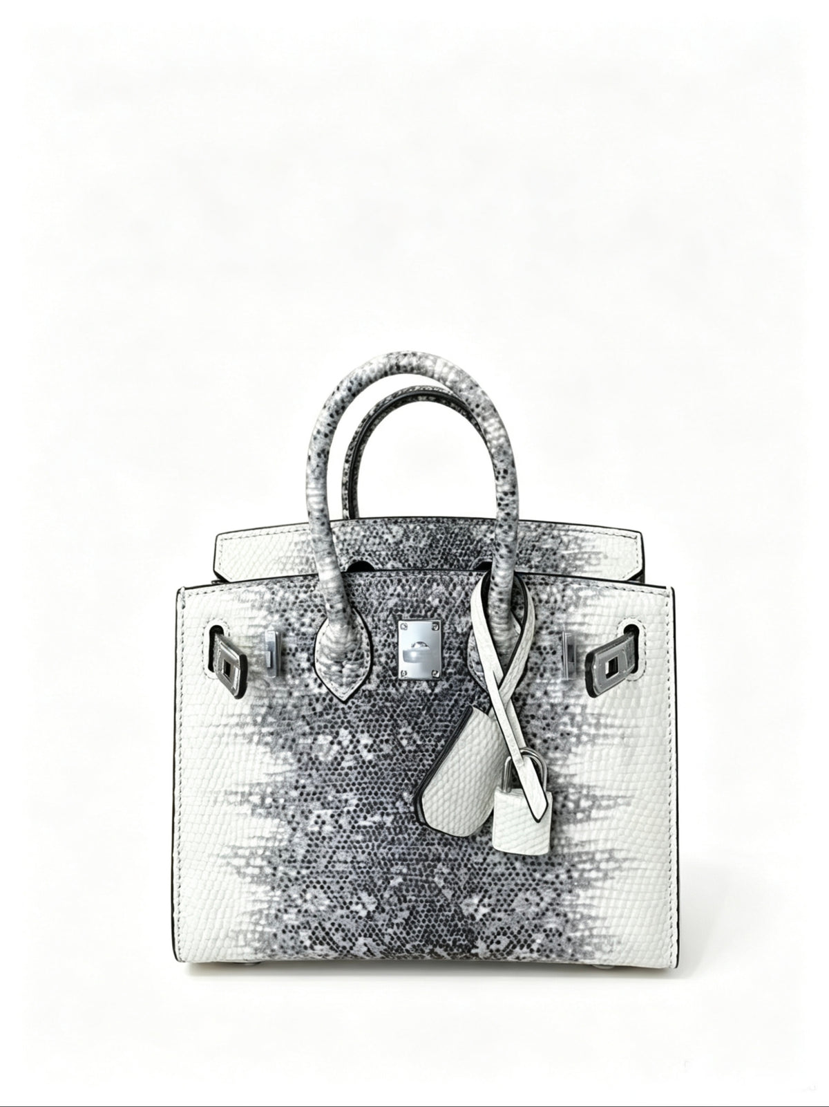 Mini Birkin 20cm Outer Stitching Tote Bag in Two-Tone Snow White Lizard Pattern — Versatile Top-Handle Handbag