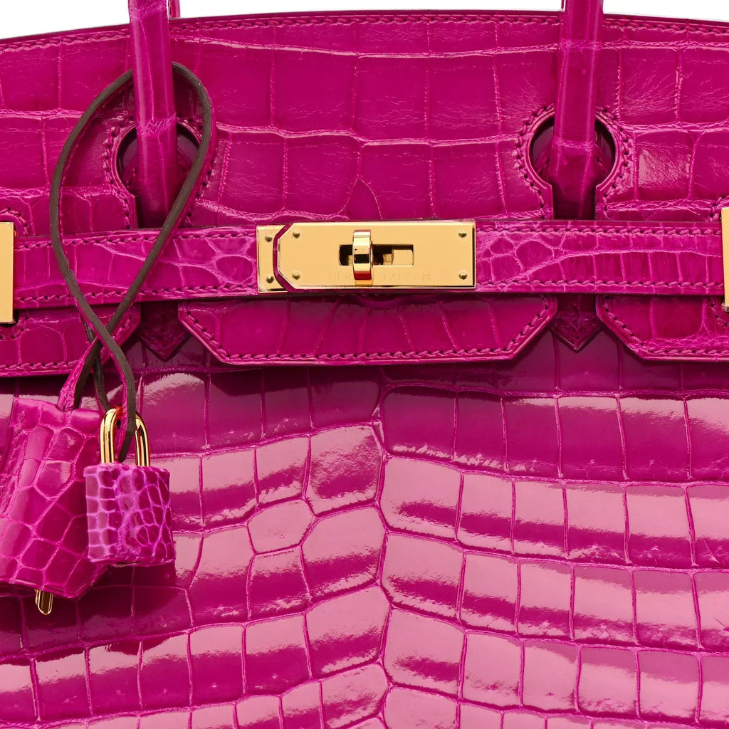 Birkin 30 Rose Pourpre Shiny Niloticus Crocodile Gold Hardware — Classic Hand-Carry Tote