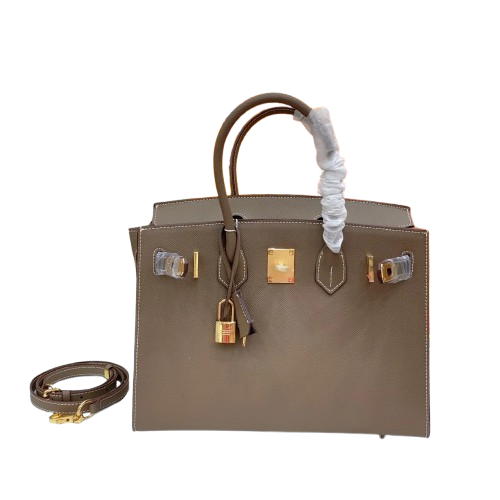 Birkin Style 25/30 Sellier in Etoupe Epsom Leather with White Stitching (Gold Hardware) — Distinctive Carryall Silhouette