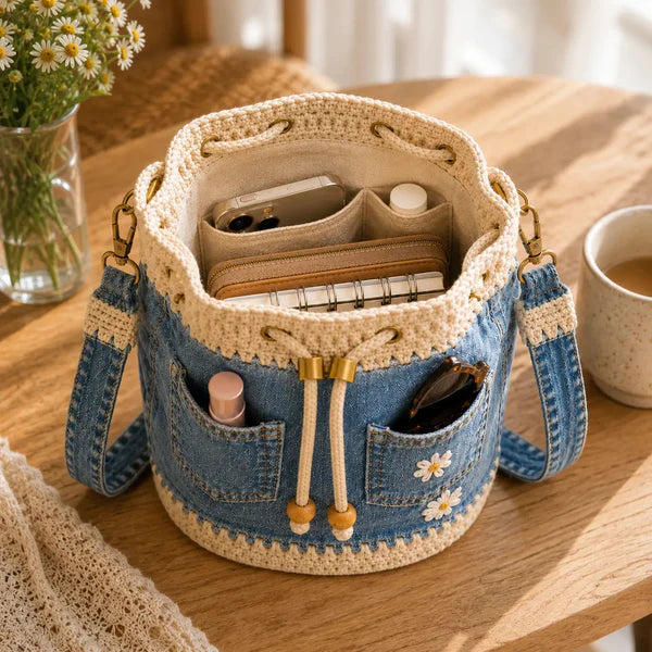 Multi Pastel Textured Bucket Bag with Gold & Wood Bead Hardware for Daily Casual Outfits