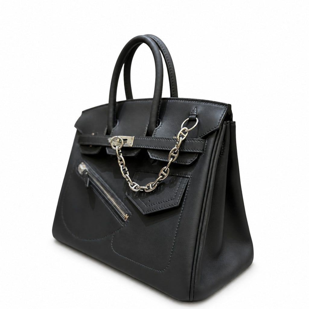 Birkin 25 Rock Black Leather Multi-Pocket Handbag with Chain — Elegant Hand-Carry Design