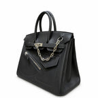Birkin 25 Rock Black Leather Multi-Pocket Handbag with Chain — Elegant Hand-Carry Design