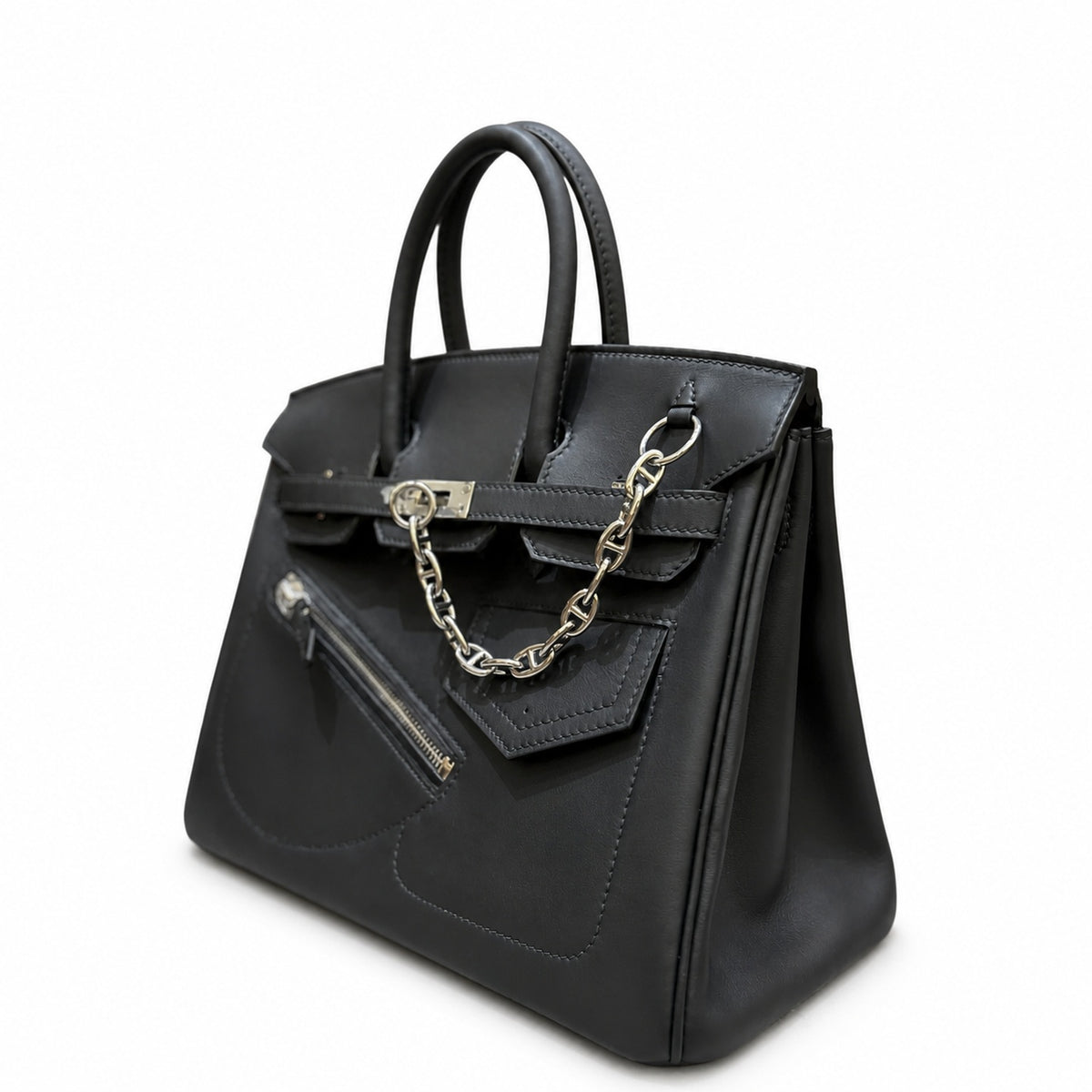 Birkin 25 Rock Black Leather Multi-Pocket Handbag with Chain — Elegant Hand-Carry Design