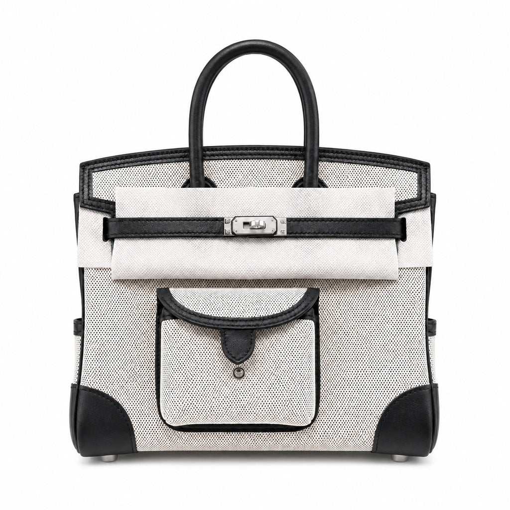 Birkin Cargo 25 Black Leather and Ecru Canvas Multi-Pocket Mini Bag — Classic Hand-Carry Tote