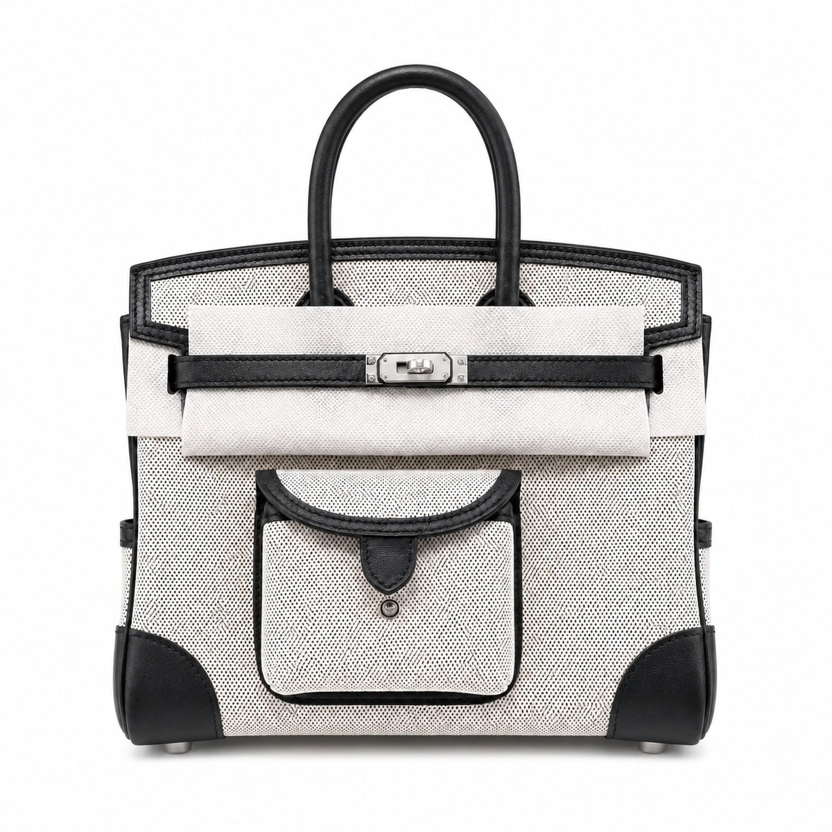 Birkin Cargo 25 Black Leather and Ecru Canvas Multi-Pocket Mini Bag — Classic Hand-Carry Tote