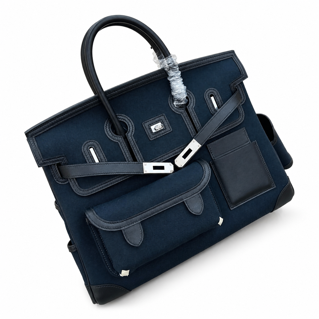 Birkin Cargo 35 in Bleu Encre Toile Goéland and Noir Swift Leather (Palladium Hardware) — Elegant Hand-Carry Design