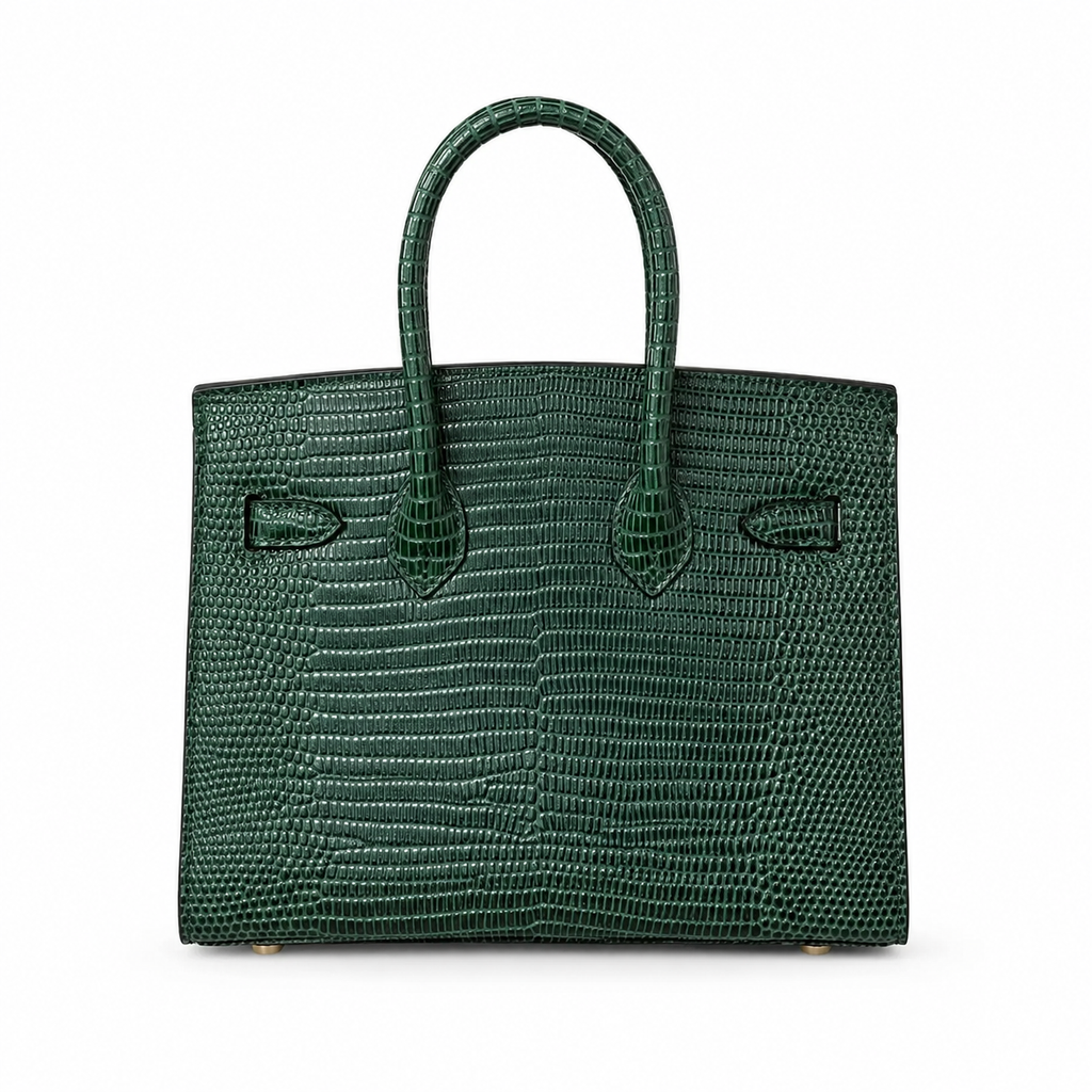 Mini Birkin 20cm Outer Stitching Tote Bag in Emerald Lizard Pattern — Timeless Structured Handbag