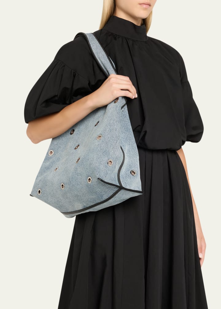 Blue Denim Faux Leather Trim Commute Tote Bag