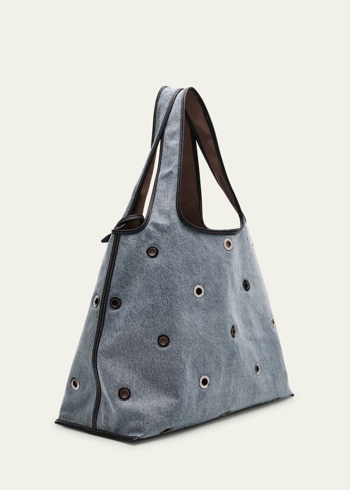 Blue Denim Faux Leather Trim Commute Tote Bag