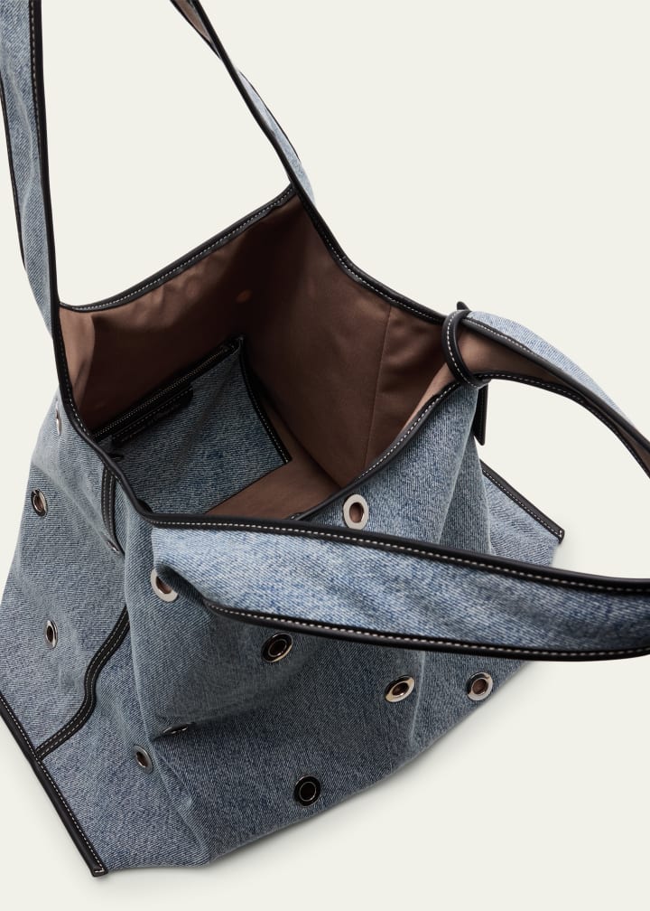 Blue Denim Faux Leather Trim Commute Tote Bag