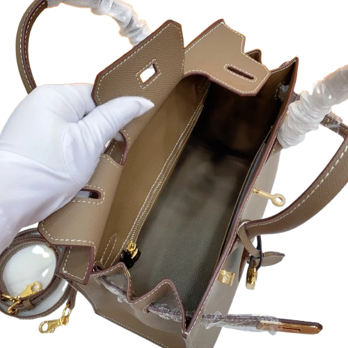 Birkin Style 25/30 Sellier in Etoupe Epsom Leather with White Stitching (Gold Hardware) — Distinctive Carryall Silhouette