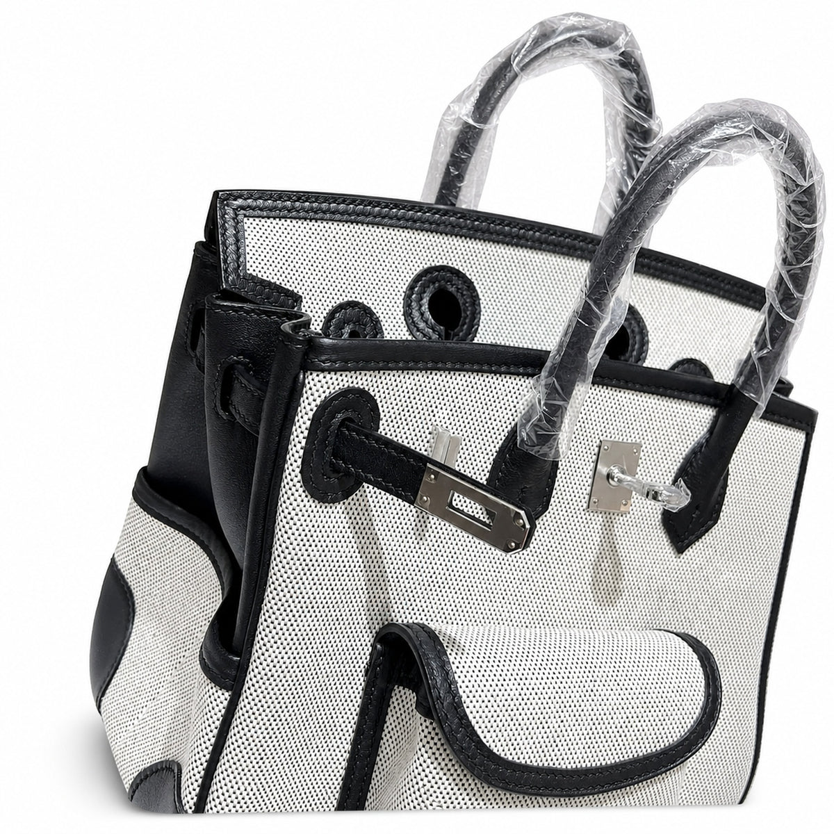 Birkin Cargo 25 Black Leather and Ecru Canvas Multi-Pocket Mini Bag — Classic Hand-Carry Tote