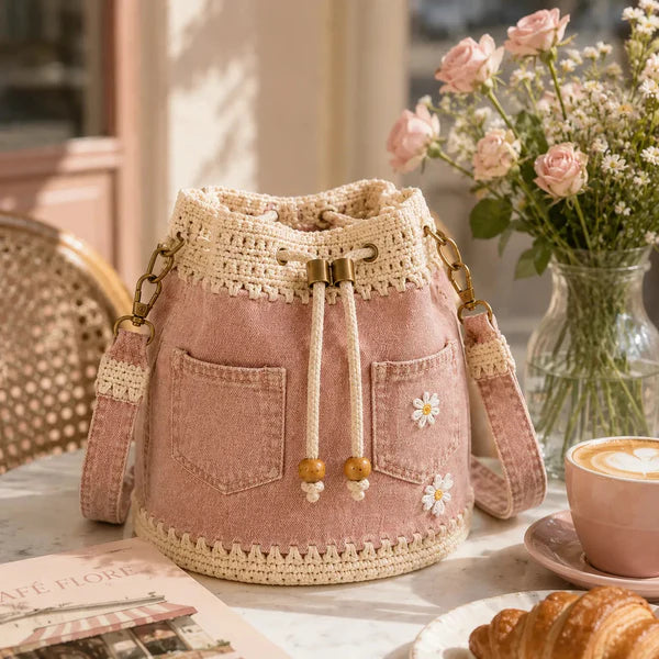 Multi Pastel Textured Bucket Bag with Gold & Wood Bead Hardware for Daily Casual Outfits