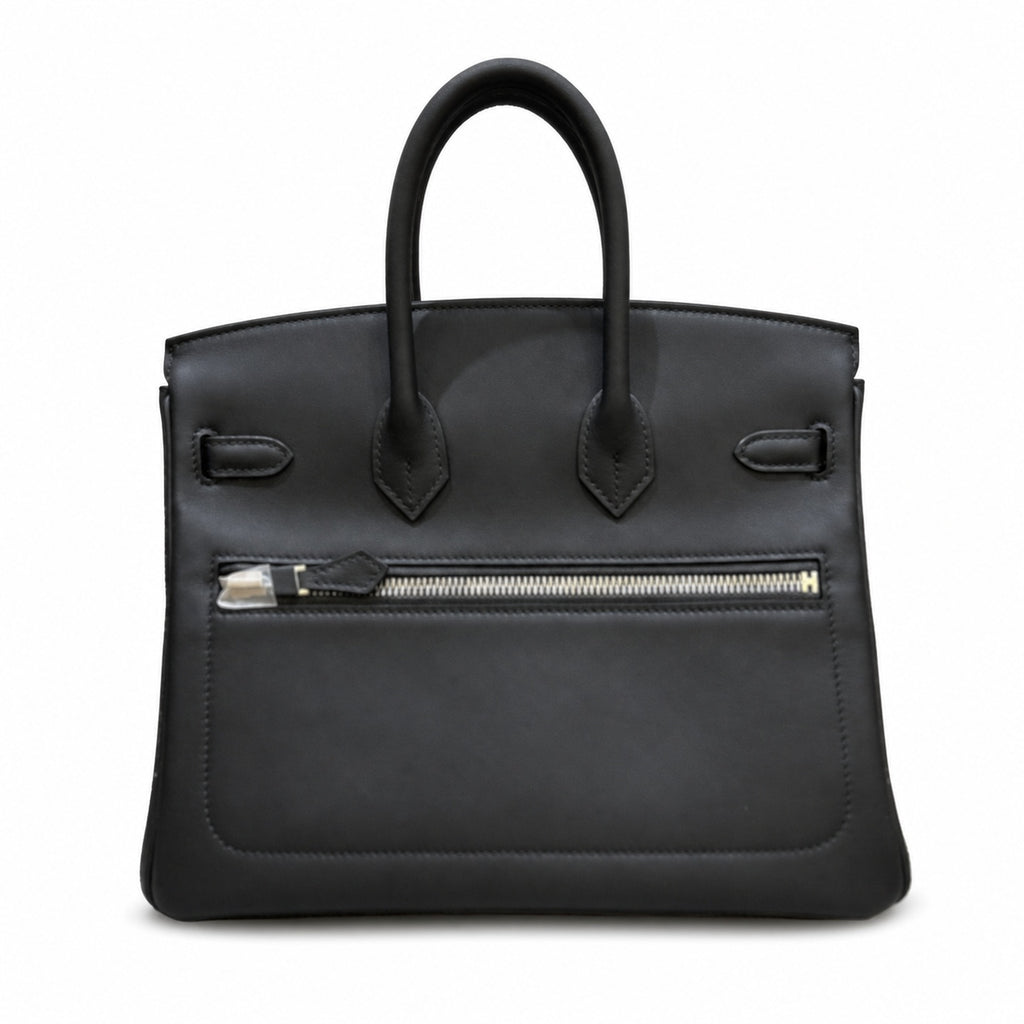 Birkin 25 Rock Black Leather Multi-Pocket Handbag with Chain — Elegant Hand-Carry Design
