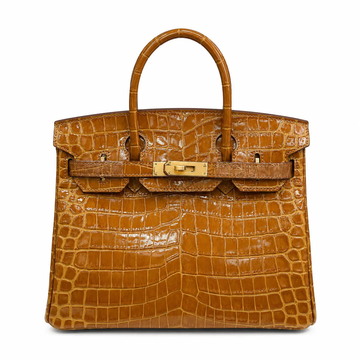 Birkin Style 25/30/35 Retourne in Miel/Gold Crocodile-Embossed Leather (Gold Hardware) — Refined Structured Tote