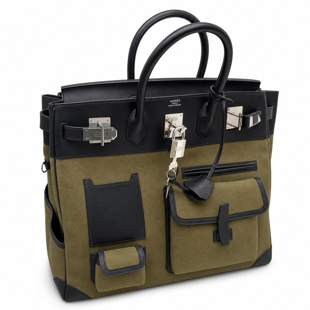 Birkin Cargo 40 Kaki Green Canvas and Black Leather Multi-Pocket Bag — Sophisticated Tote Style