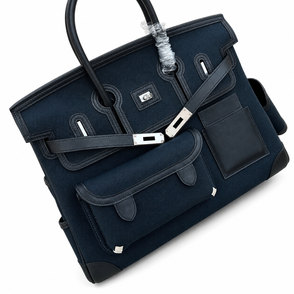 Birkin Cargo 35 in Bleu Nuit Toile Goéland and Noir Swift Leather (Palladium Hardware) — Polished Top-Handle Bag