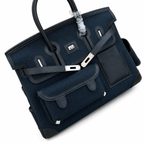 Birkin Cargo 35 in Bleu Nuit Toile Goéland and Noir Swift Leather (Palladium Hardware) — Polished Top-Handle Bag