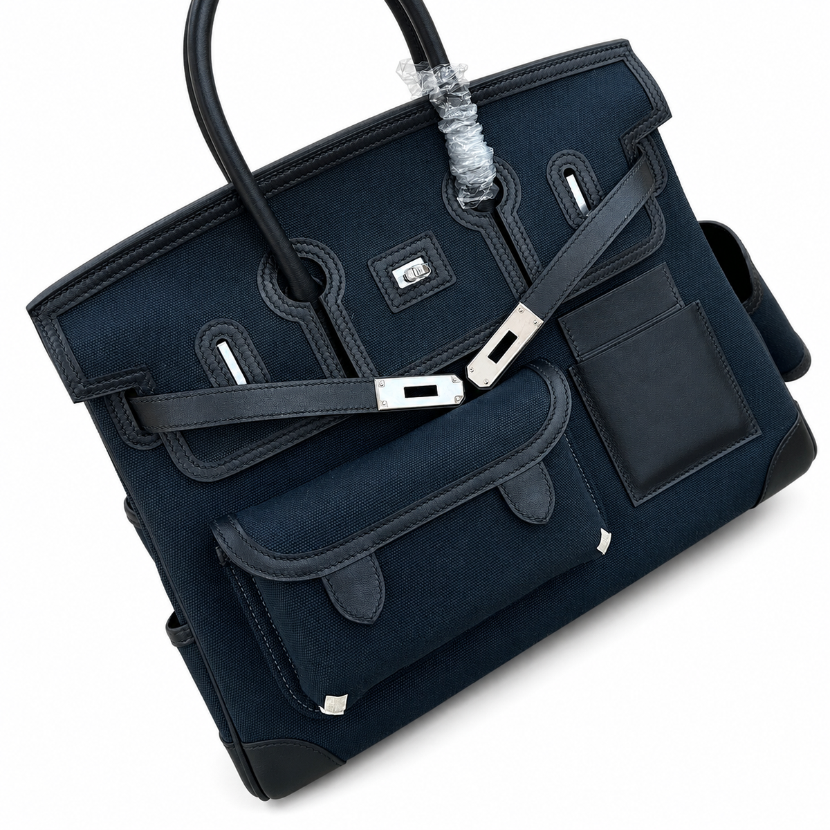Birkin Cargo 35 in Bleu Nuit Toile Goéland and Noir Swift Leather (Palladium Hardware) — Polished Top-Handle Bag