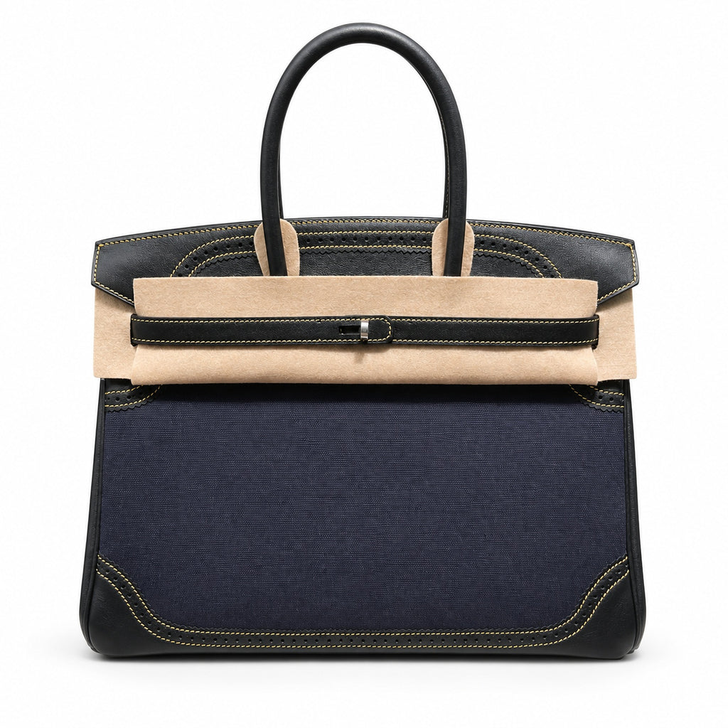 Birkin Ghillies 30 Black Leather and Navy Blue Denim Splicing Bag — Refined Structured Tote