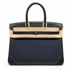 Birkin Ghillies 30 Black Leather and Navy Blue Denim Splicing Bag — Refined Structured Tote