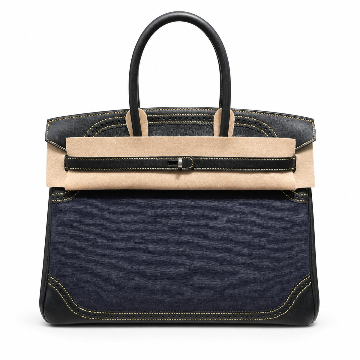 Birkin Ghillies 30 Black Leather and Navy Blue Denim Splicing Bag — Refined Structured Tote