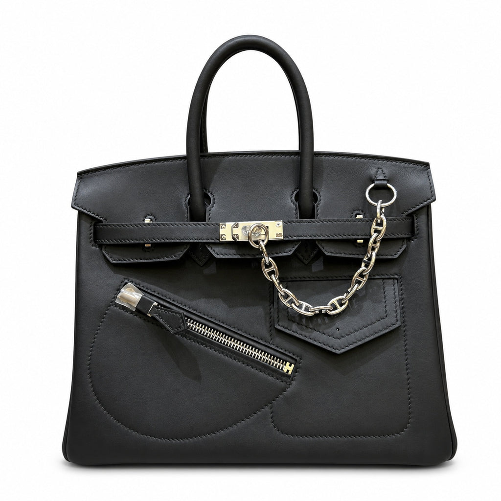 Birkin 25 Rock Black Leather Multi-Pocket Handbag with Chain — Elegant Hand-Carry Design