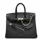 Birkin 25 Rock Black Leather Multi-Pocket Handbag with Chain — Elegant Hand-Carry Design