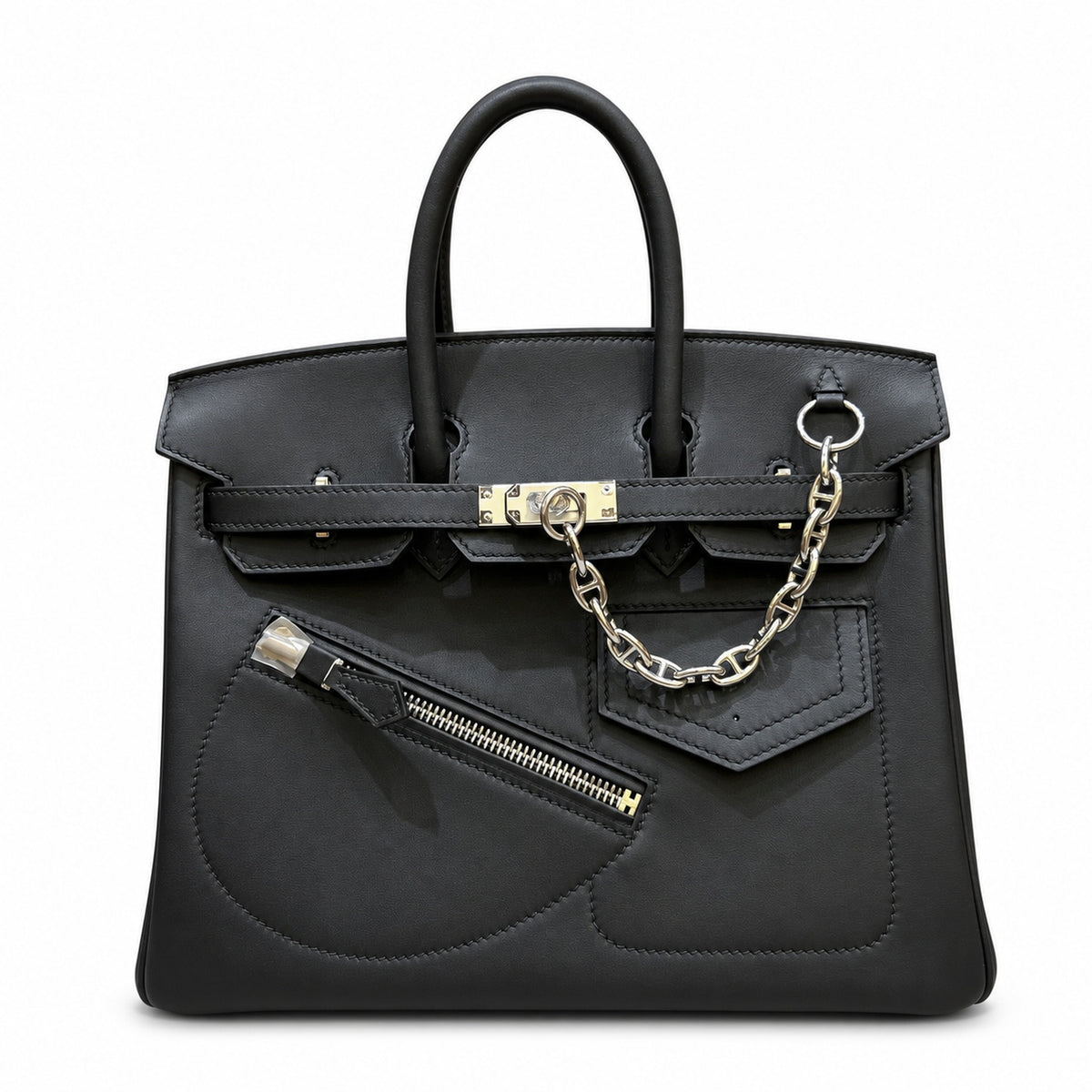 Birkin 25 Rock Black Leather Multi-Pocket Handbag with Chain — Elegant Hand-Carry Design